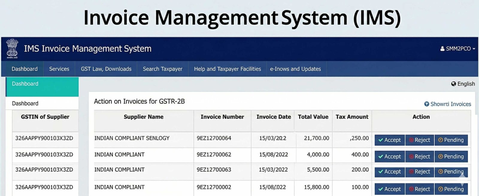 GST Invoice Management System (IMS) dashboard showing accept, reject, and pending options for FY 2026-27